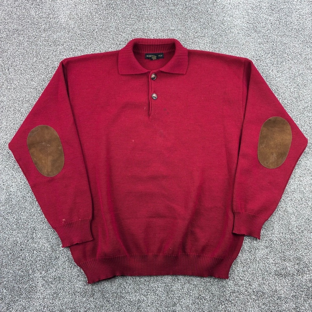 Robert Banks Sweater Mens XL Red Merino Wool Long Sleeve Polo Elbow Patches
